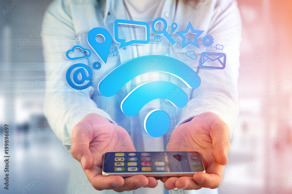 Poster wifi symbol connection surrounded by multimedia and internet application logo - 3d rendering