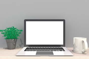 Fototapeta premium Computer Network Connection Digital Technology, Coffee cup with laptop computer white blank screen on wood work table front view, Isolated on gray background, 3D rendering