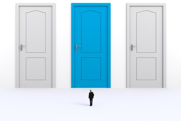 Success concept with businessman, Image of miniature businessman standing in front of blue and white door on white wall background, 3D rendering