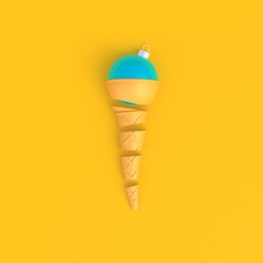 Christmas ball in ice cream cone abstract minimal yellow background, Christmas concept, 3d rendering