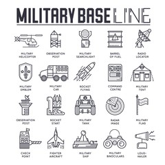Thin line set of different rocket weapons and vehicles on military base concept.  Outline military base vector illustrationd design