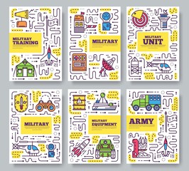 Thin line different rocket weapons brochure card set.  Vehicles on military base template of flyear, magazines, poster, book cover, banners. Outline invitation concept.