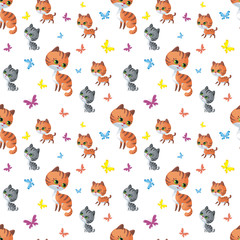 Cat family. Seamless pattern with cute animals and their cubs. Colorful vector background in cartoon style.