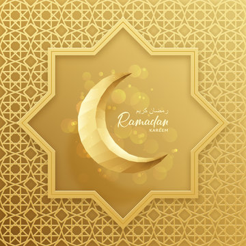 Ramadan Kareem festive card. Beautiful festive background with crescent in paper art style. Vector illustration with Islamic pattern. Translation from Arabic: Ramadan Kareem.
