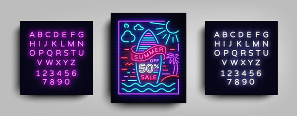 Summer sale poster in neon style. Design Template, Summer Sale Neon Sign, Summer Discounts, Light Banner, Light Brochure, bright advertising Discount. Vector illustration. Editing text neon sign