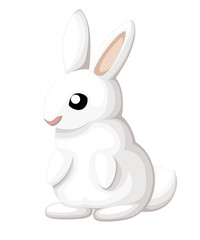 Cute bunny. Cartoon style design. White rabbit sits on two paws. Vector illustration isolated on white background. Web site page and mobile app design