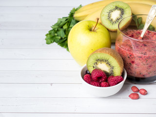 Berry dessert smoothie banana Kiwi Apple Parsley Raspberry Nuts for Breakfast