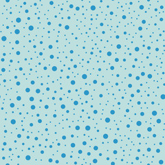Blue polka dots seamless pattern on turquise background. Fantastic classic blue polka dots textile pattern in restrained colours. Seamless scattered confetti fall chaotic decor. Vector illustration.