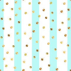 Golden dots seamless pattern on blue striped background. Great gradient golden dots endless random scattered confetti on blue striped background. Confetti fall chaotic decor. Modern creative pattern.