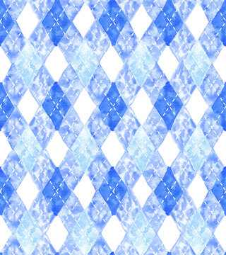 Argyle hand drawn watercolor seamless pattern, blue repeating background with white dotted lines.