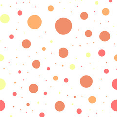 Colorful polka dots seamless pattern on white 21 background. Captivating classic colorful polka dots textile pattern. Seamless scattered confetti fall chaotic decor. Abstract vector illustration.
