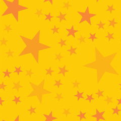 Orange stars seamless pattern on yellow background. Sightly endless random scattered orange stars festive pattern. Modern creative chaotic decor. Vector abstract illustration.