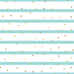 Golden dots seamless pattern on blue striped background. Pleasing gradient golden dots endless random scattered confetti on blue striped background. Confetti fall chaotic decor.