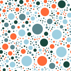 Colorful polka dots seamless pattern on white 26 background. Lovely classic colorful polka dots textile pattern. Seamless scattered confetti fall chaotic decor. Abstract vector illustration.