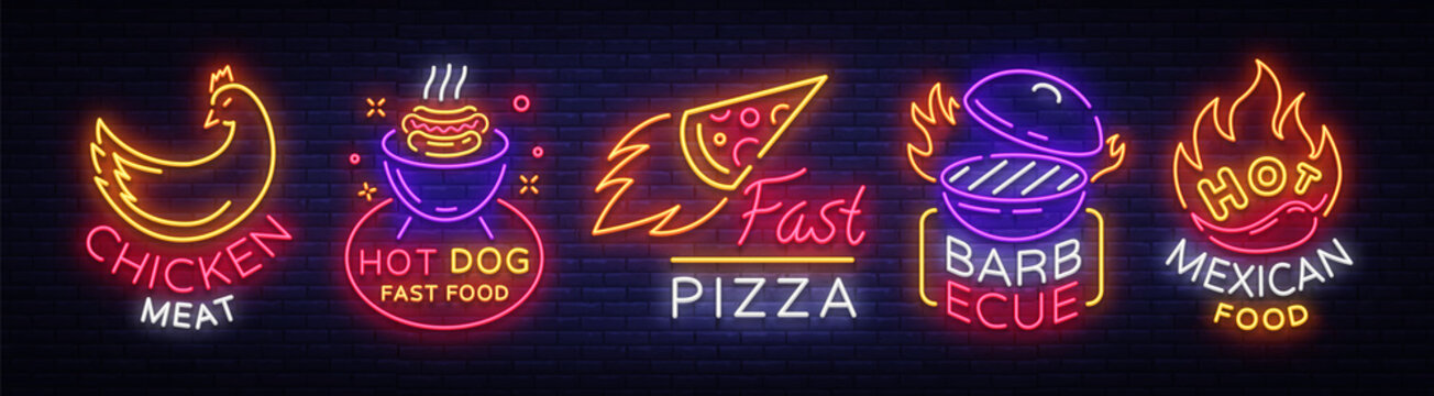 Bright neon symbols for food. Collection Design Elements, Neon Signs for Food, Chicken Meat, Hot Dog Fast Food, Fast Pizza, Barbecue, Hot Mexican Food.Vector Illustration