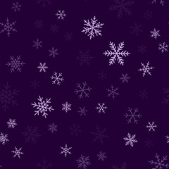 Violet snowflakes seamless pattern on purple Christmas background. Chaotic scattered violet snowflakes. Graceful Christmas creative pattern. Vector illustration.