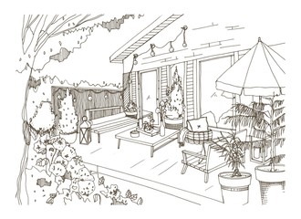 Freehand sketch of backyard patio or terrace furnished in Scandic hygge style. House veranda with trendy modern furniture hand drawn with contour lines on white background. Vector illustration.