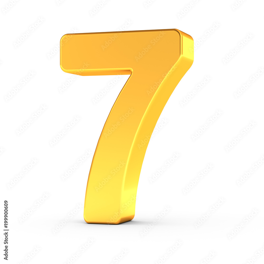 Poster the number seven as a polished golden object with clipping path