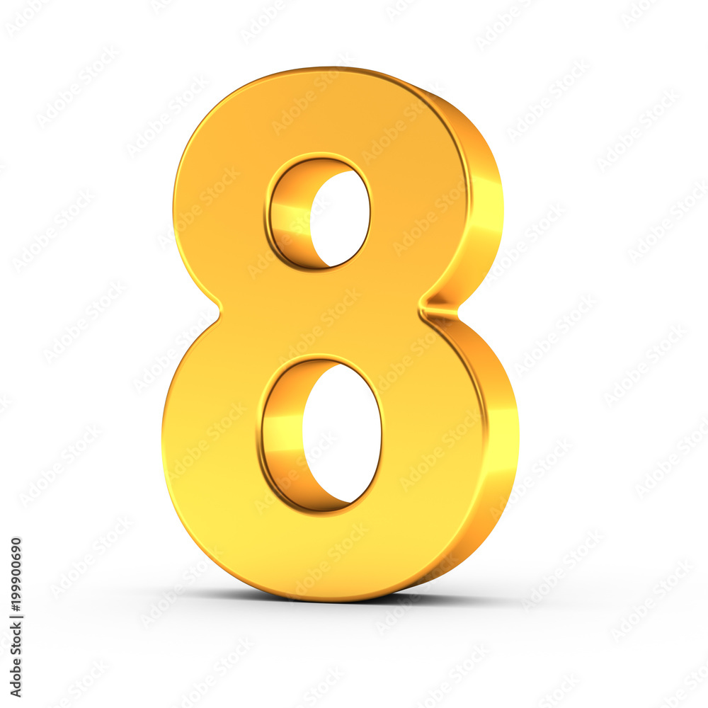 Poster the number eight as a polished golden object with clipping path