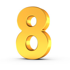 The number eight as a polished golden object with clipping path