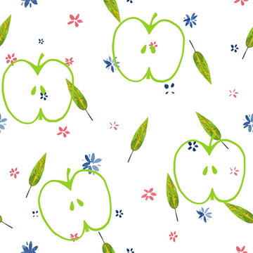 Abstract summer seamless pattern. Creative background with flowers and half fruit. Funny green wallpaper for textile and fabric.