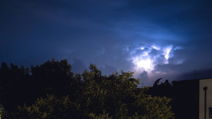 Thunder clouds with lightnings over a tree in an urban area (Padova) 