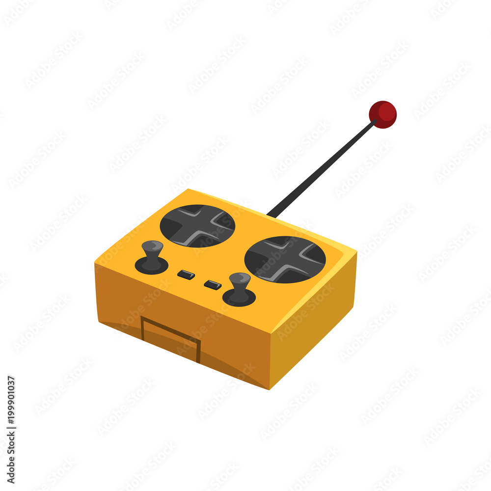 Poster yellow remote controller for quadcopter with antenna and different buttons. flat vector icon of wire