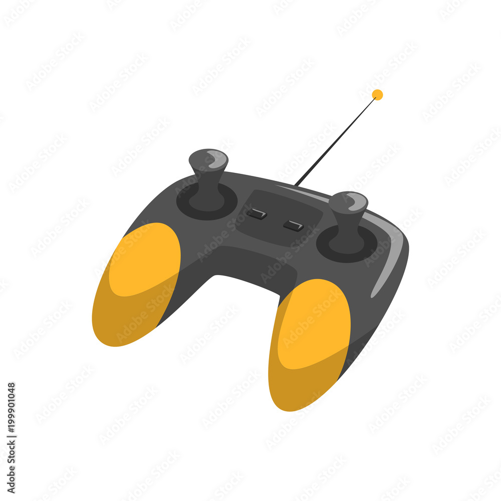 Aufkleber black and yellow wireless joystick with antenna and different buttons. cartoon flat vector icon of r