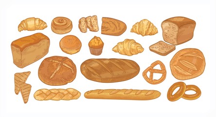 Set of breads and baked products of various types, shapes and sizes isolated on white background - loaf, bun, croissant, toast, muffin, pretzel. Hand drawn vector illustration in vintage style.