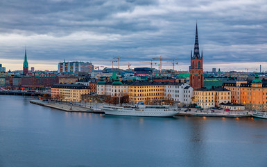 Panoramic view onto Stockholm old town Gamla Stan and Riddarholmen church in Sweden