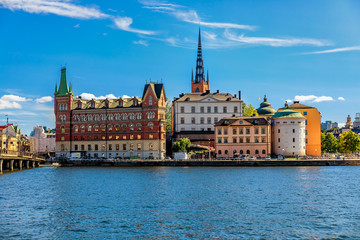 Obraz premium View onto Stockholm old town Gamla Stan and Riddarholmen church in Sweden