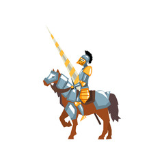 Brave knight in shiny armor with lance in hand. Warrior on horse. Jousting tournament. Flat vector design for mobile game or story book