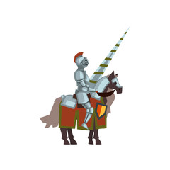 Naklejka premium Knight on horse with lance in hand. Brave warrior in steel armor and helmet with red plume. Flat vector design for mobile game or story book