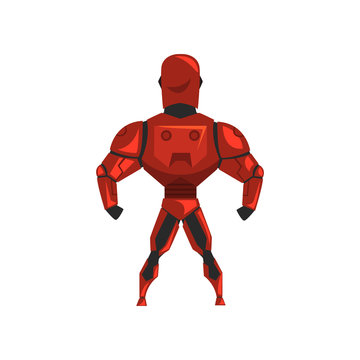 Red robot spacesuit, superhero, cyborg costume, back view vector Illustration on a white background