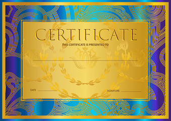 Certificate, Diploma (golden design template, colorful background) with floral, filigree pattern, scroll border, gold frame. Certificate of Achievement, coupon, award, winner certificate