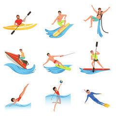 Fototapeta na wymiar Flat vector set of cartoon people characters involved in extreme water sports. Young women and men. Active summer recreation