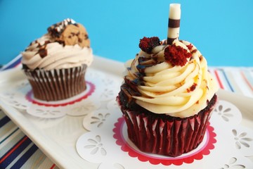 Chocolate cupcake and a red velvet cupcake with frosting