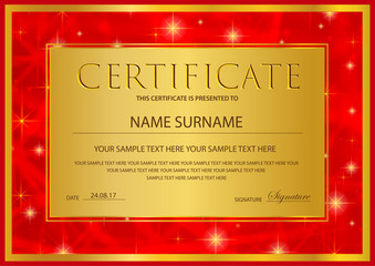Certificate, Diploma of completion template (abstract design template, gold background) with stars and golden frame