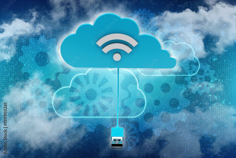 Poster 3d rendering cloud online storage icons with wifi