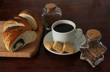 A cup of fresh coffee and sweets