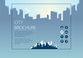 Simple minimalistic city skyline traveling tourist guide book. Horizontal A4 brochure, flyer, cover, poster or guidebook template. Vector modern illustration.