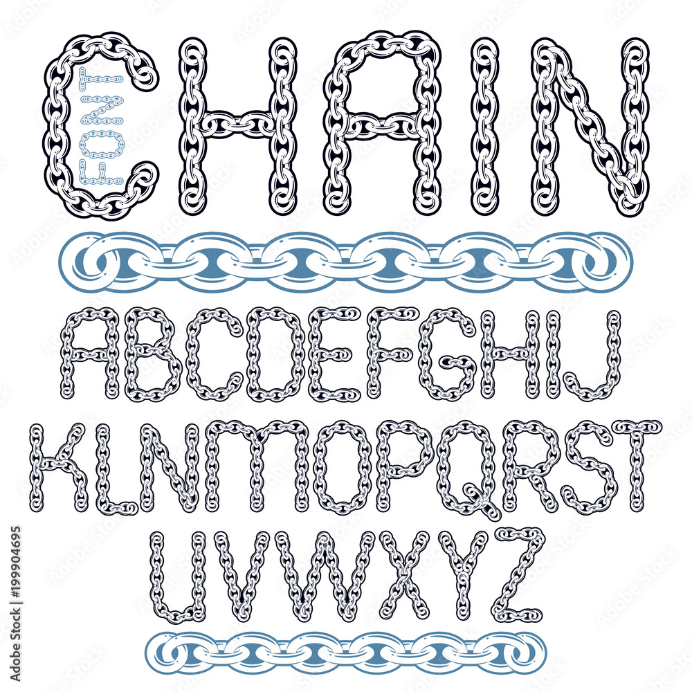 Poster vector script, modern alphabet letters set. capital decorative font created using connected chain li