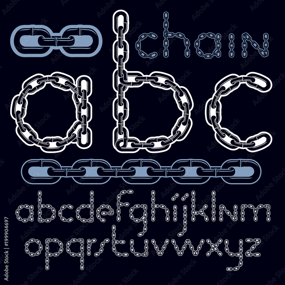 Poster vector type font, script from a to z. lower case creative letters, abc made with iron chain, linked 