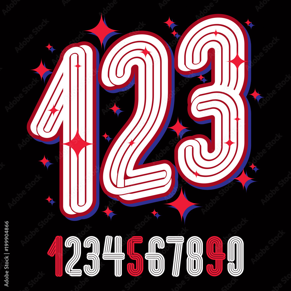 Poster vector artistic funky numbers, modern numerals set made with triple parallel lines. can be used in r