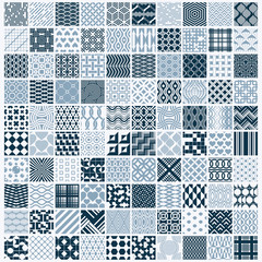 Vector ornamental black and white seamless backdrops set, 100 geometric patterns collection. Ornate textures made in modern simple style.