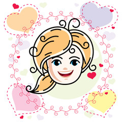 Caucasian type girl face expressing positive emotions, vector human head illustration. Beautiful blonde child with stylish haircut.