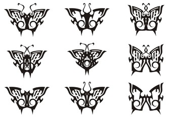 Tribal butterfly set in black and white tones. Collection of simple butterflies for a tattoo, embroideries, engravings and another