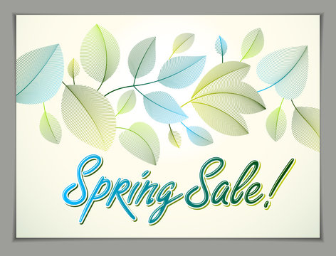 Design horizontal banner with Spring typing logo, green and fresh leaves frame composition background. Seasonal card, promotion offer. Stylish classy botanical drawing, environment.