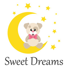 cartoon cute dog with tie sitiing and moon with text