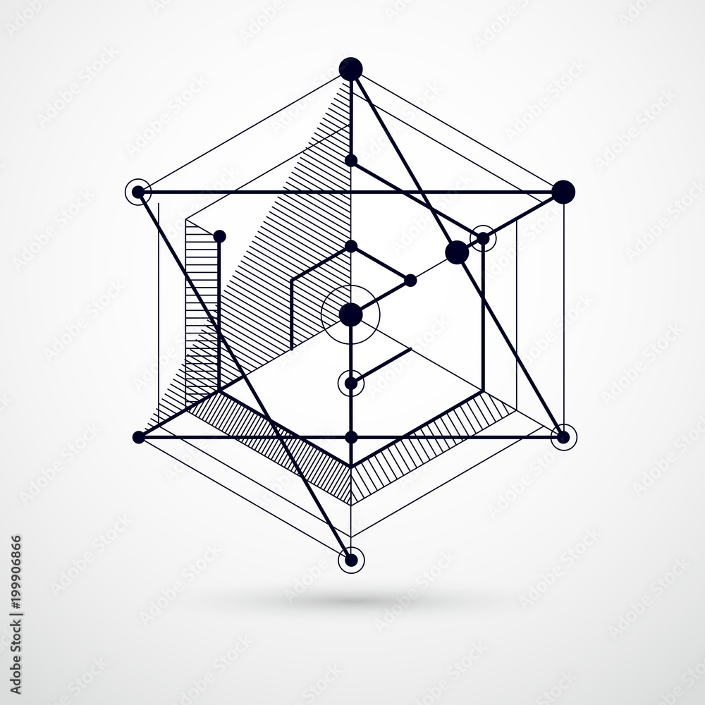 Poster vector drawing of black and white industrial system created with lines and 3d cubes. modern geometri